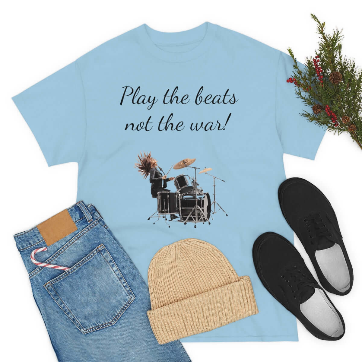 Customised t-shirt. Feel great and wear "play the beats not the war " t-shirt. Play the music in our clothes!!